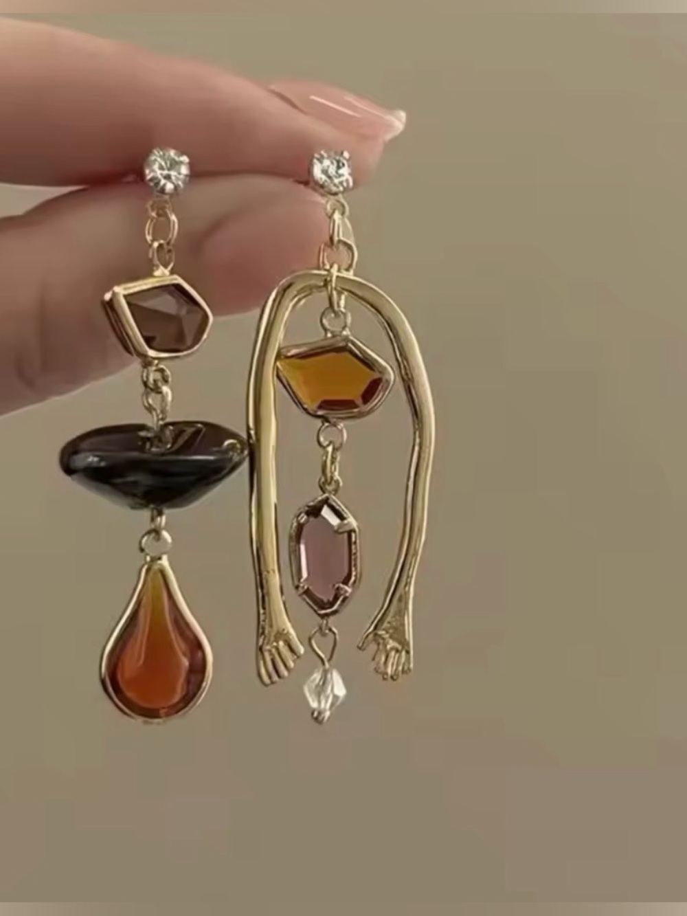 Gold-Tone Asymmetrical Brown Gem Drop Earrings - Picture 3 of 3